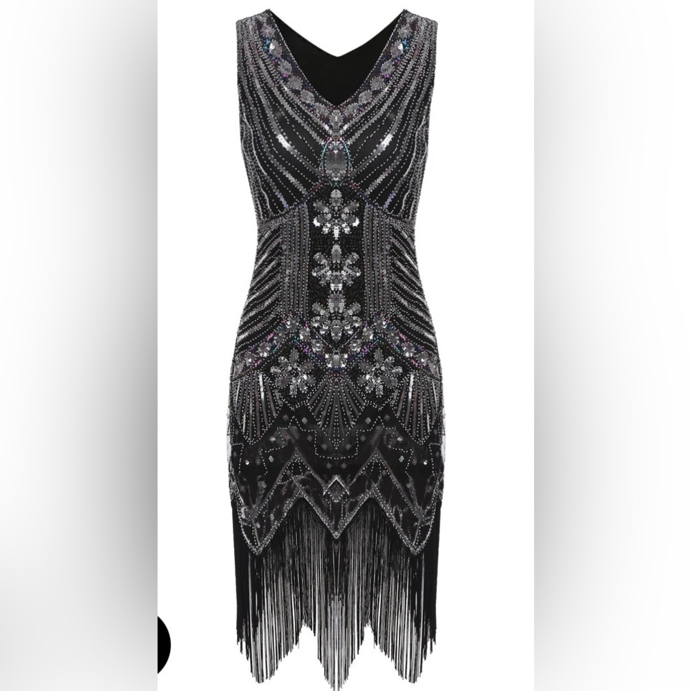Black and Silver Sequin 20s Great Gatsby Style Flapper Dress, NWT Medium